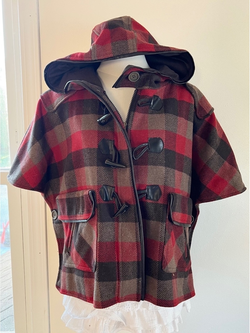 Dollhouse Red Black Plaid Hooded Toggle Cape Jacket